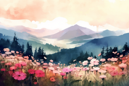 A field of pink flowers with mountains in the background