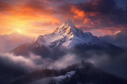 A mountain with snow and clouds