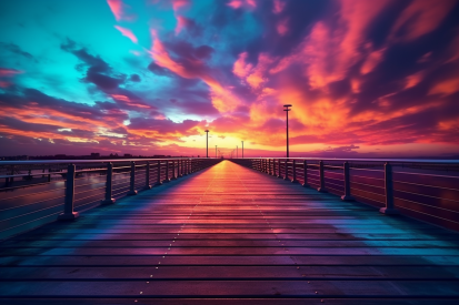 A long wooden walkway with railings and a colorful sky