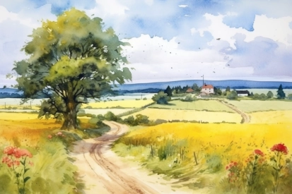 A watercolor painting of a road and a tree