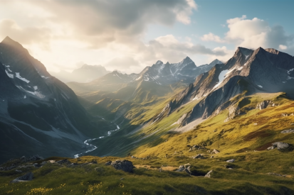 A mountain range with snow and grass