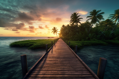 A wooden dock leading to a body of water with palm trees and a sunset