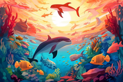 A cartoon of a dolphin and fish swimming in the ocean