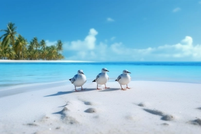 A group of birds on a beach