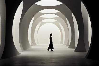 A woman walking in a room with white arches