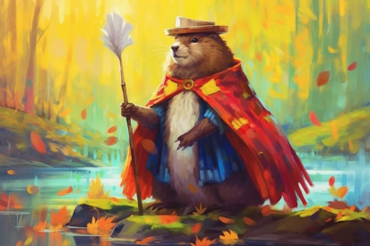 A cartoon of a beaver holding a white feather
