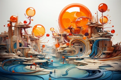 A colorful city with orange and blue spheres
