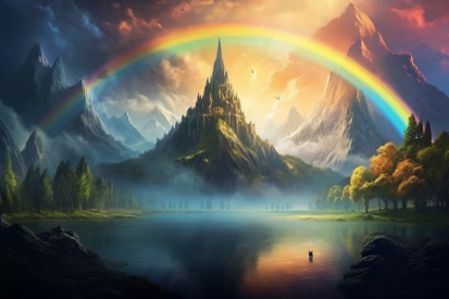 A rainbow over a mountain with a castle