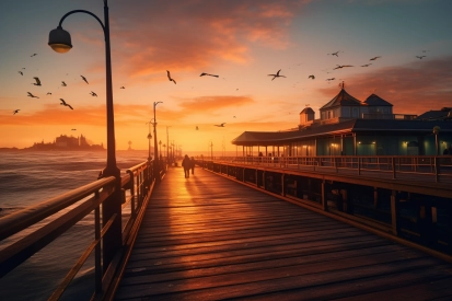 A pier with a building and birds flying in the sky