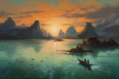 A painting of a boat in a body of water with mountains and birds
