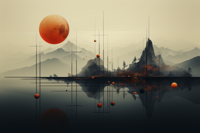 A landscape with mountains and a red moon