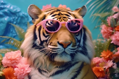 A tiger wearing pink sunglasses
