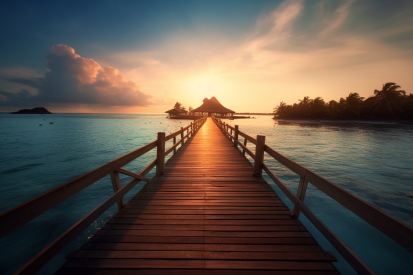 A wooden dock leading to a hut on a body of water