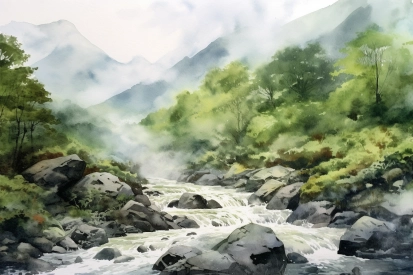 Watercolor of a river flowing through a forest
