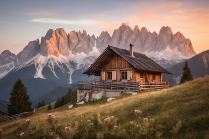 A house on a hill with mountains in the background