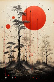 A painting of trees and red circles