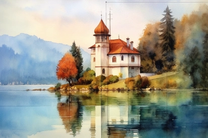 A watercolor painting of a house on a hill with trees and a lake