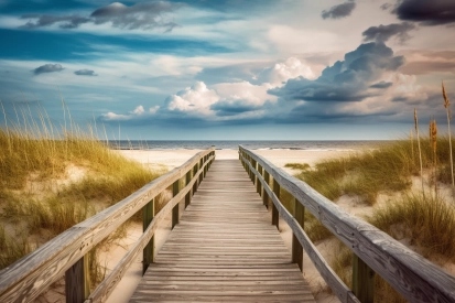 A wooden walkway leading to a beach