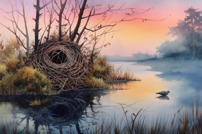 A watercolor painting of a nest on a lake