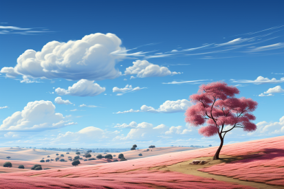 A pink tree in a field