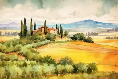 A watercolor painting of a house on a hill