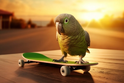 A bird standing on a skateboard