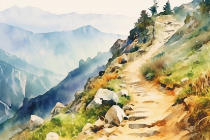 A watercolor of a mountain path