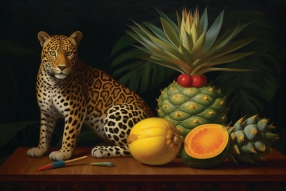 A painting of a leopard sitting on a table with fruits
