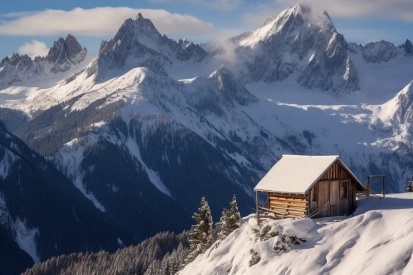 A cabin on a snowy mountain