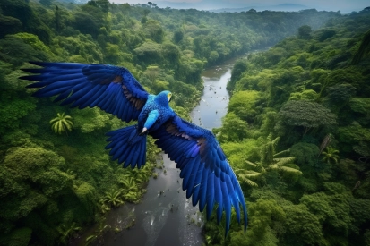 A blue bird flying over a river