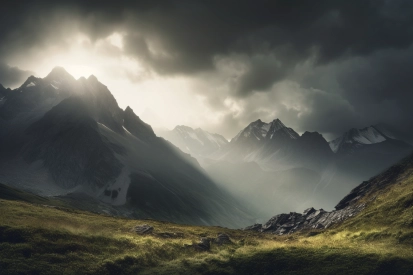 A landscape of mountains and grass