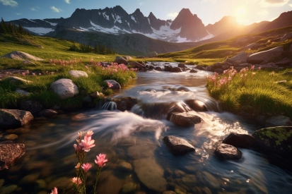A river flowing through a valley with flowers and mountains in the background
