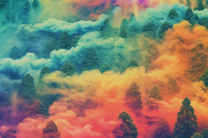A colorful smoke and trees