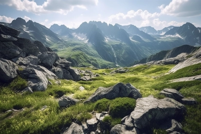 A rocky mountains with grass and rocks