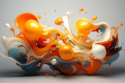 A colorful liquid with orange and white balls