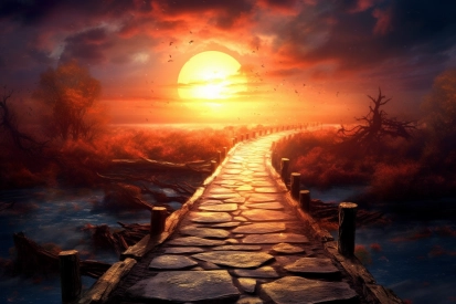 A stone path leading to a sunset