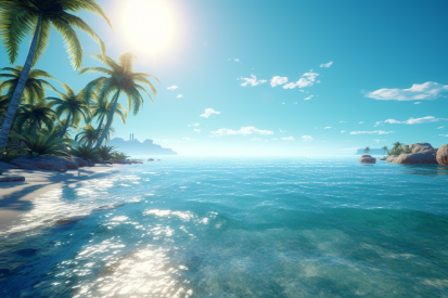 A beach with palm trees and a body of water