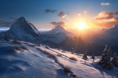 A snowy mountain with a sunset