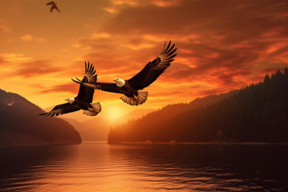 A group of eagles flying over water