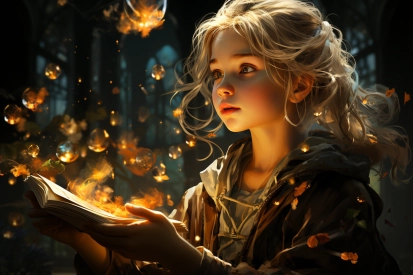 a girl holding a book with flames coming out of her hands