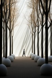 A man walking in a path between trees