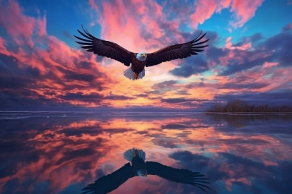 A bald eagle flying over water