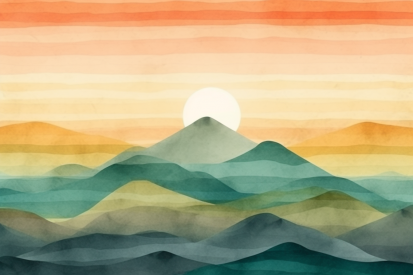 A painting of a mountain with the sun in the distance