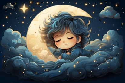 a cartoon of a child sleeping in the clouds