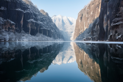 A body of water with mountains and snow