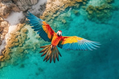 A bird flying over water