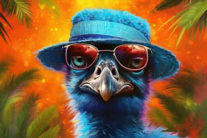 A bird wearing a hat and sunglasses