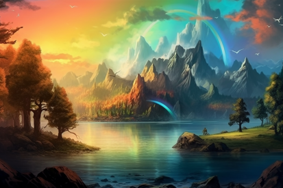 A colorful landscape with a lake and mountains