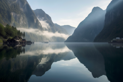 A body of water with mountains and fog