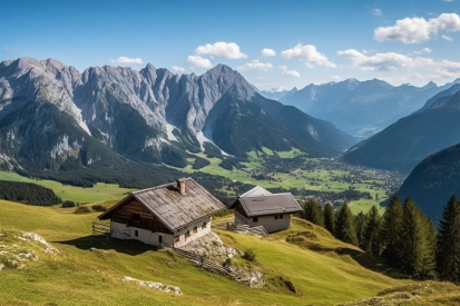 A two houses on a grassy hill with mountains in the background